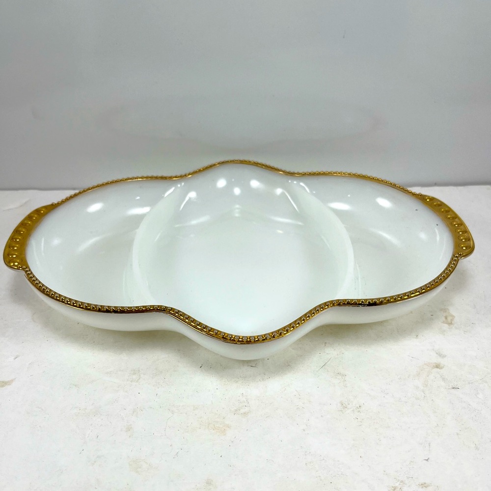 Fire King Vintage Oven Ware Gold Trimed 3 Section Oval Relish / Pickle Tray